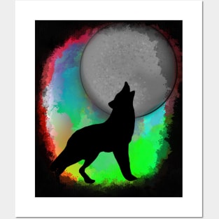 Neon colors wolf howling at the moon Posters and Art